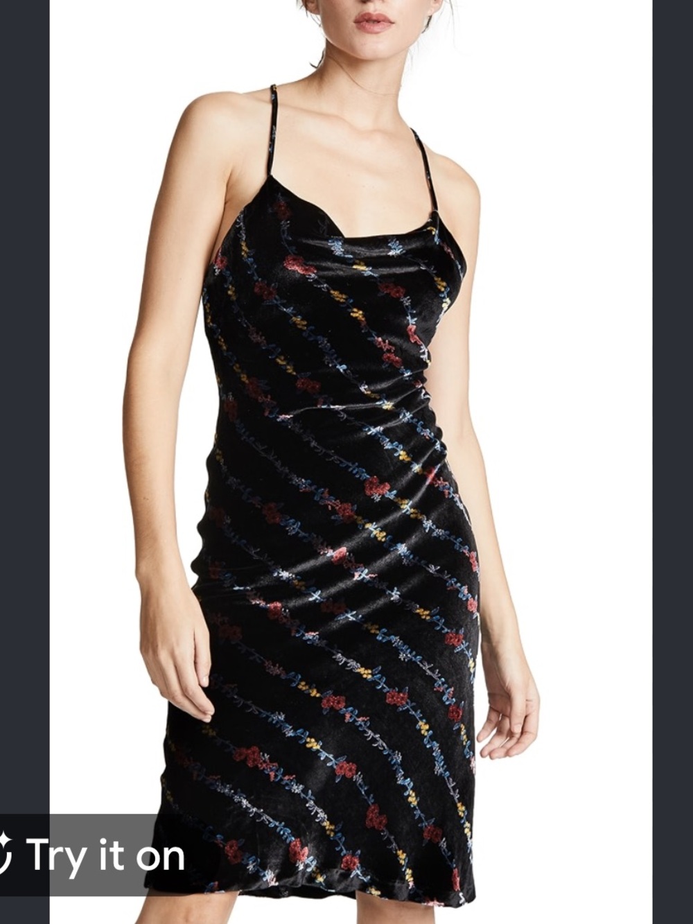 Milly Black Velvet Strapless Slip Dress with Multi-Color Floral Embroidery